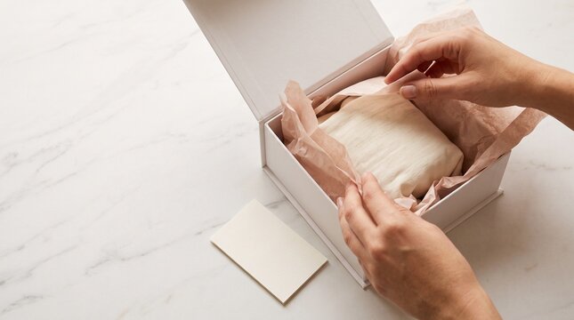 Hands carefully unpacking a small gift box with decorative tissue paper