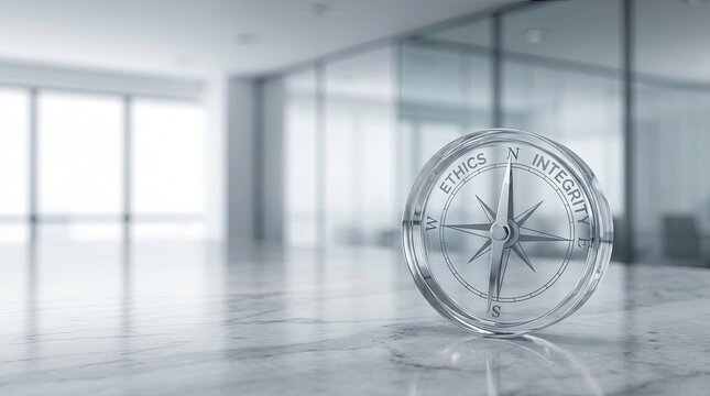 A clear glass compass with the words "ETHICS N INTEGRITY" engraved around its edge rests on a polished marble floor.