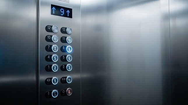 A stainless steel elevator interior displays a digital control panel with numbered buttons and an indicator showing the current floor.