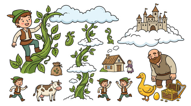 Boy climbing magical beanstalk to castle in clouds