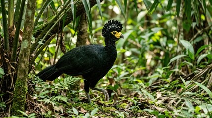 Fototapeta premium A striking black bird, a male Guianan cock-of-the-rock, stands amidst dense tropical foliage. The bird’s vibrant golden crest and eye accents contrast sharply with its dark plumage.