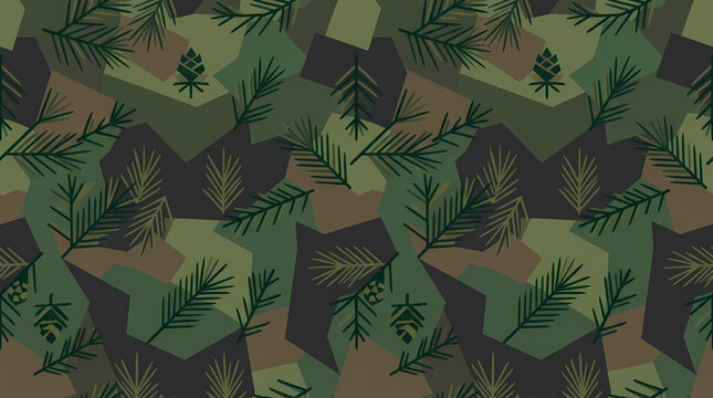 Seamless geometric forest camouflage pattern with stylized green pine branches, fir needles, and pine cones on a multi-toned green and brown background