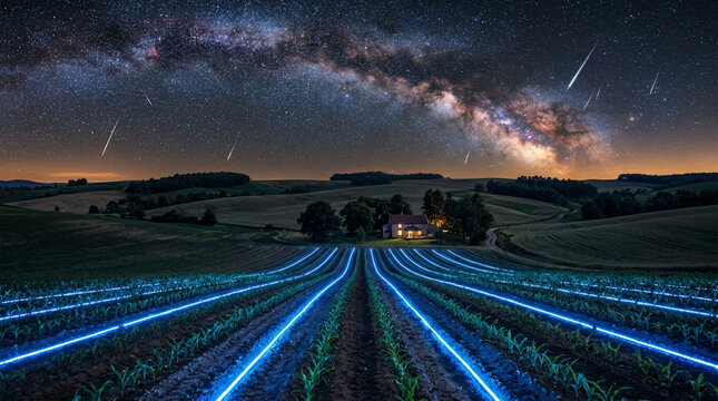 Milky Way over rural farm with neon crop rows and meteor shower