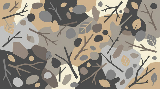 Abstract seamless pattern with camouflage vector illustration featuring branches and leaves in earthy tones