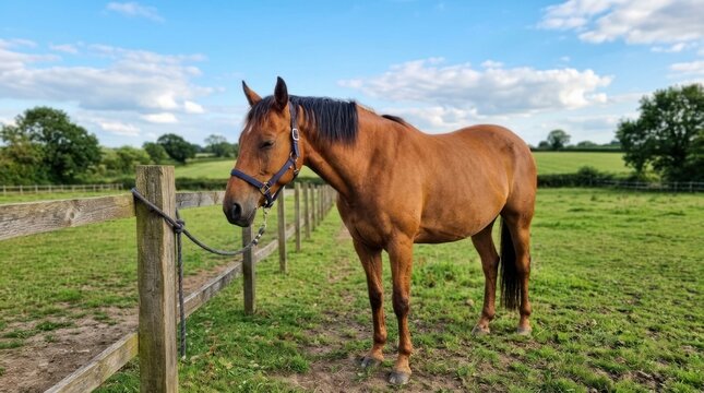 A chestnut horse stands calmly near a wooden fence in a green pasture. The horse wears a bridle and reins.