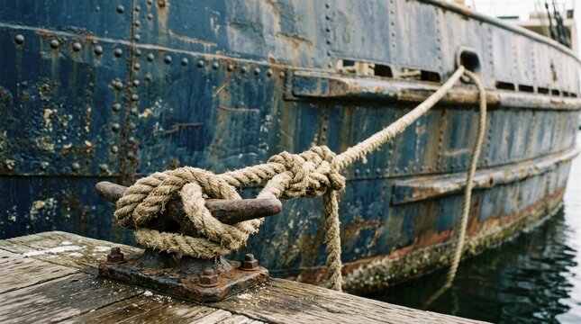 A weathered, blue ship is secured to a wooden pier with a thick, knotted rope. The ship's hull is covered in dark blue paint and metal plating, showing signs of age and rust.
