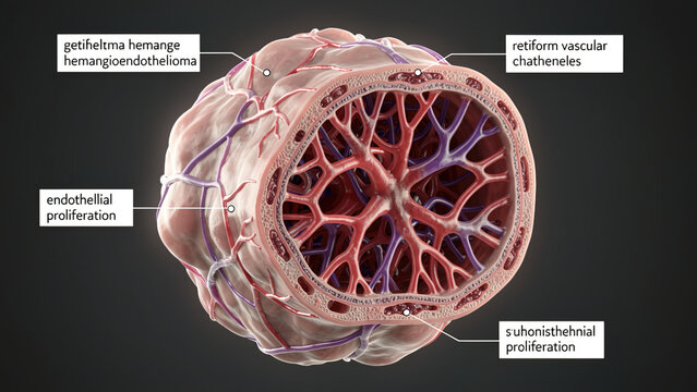 3D medical illustration of hemangioendothelioma tumor cross-section, showing endothelial proliferation and abnormal vascular structures