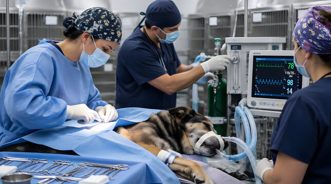 Professional veterinary team performing surgery on a dog in clinic.
