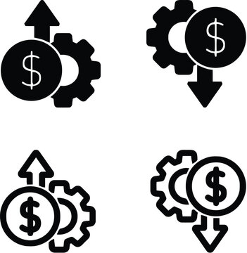 Production cost rise and fall vector signs icon set. Manufacturing cost increase and decrease icon, vector illustration. Rise or fall in production cost icon set. Vector illustration. 