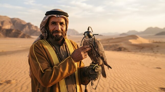 A proud Arab falconer, in traditional attire, holds his majestic bird in the vast desert, a powerful image representing ancient cultural heritage and the art of falconry