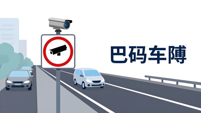 Illustration of a highway traffic monitoring system with security cameras and cars on the road.