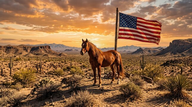 The majestic Mustang horse, with its thick chestnut coat, stands proudly against the backdrop of the desert.