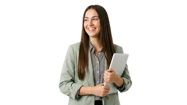 Professional young woman in olive blazer smiling brightly while holding her silver laptop computer device posing on transparent background