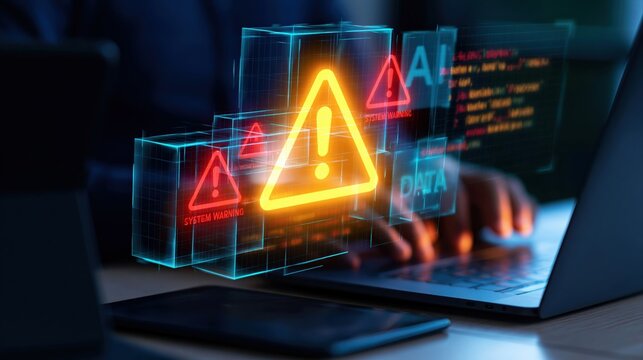 Cybersecurity alert showing artificial intelligence error during software development and digital coding on laptop