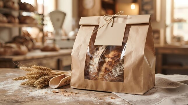 Freshly Baked Artisan Bread Loaf Packaged in a Sustainable Recyclable Brown Paper Bag for Bakery Retail Presentation