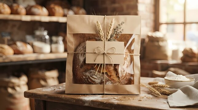Artisan bread gift package with fresh loaf in craft bag, adorned with twine and wheat, on a rustic bakery table. Perfect for homemade gourmet gifts