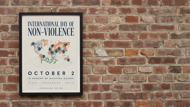 International day of non-violence poster on brick wall