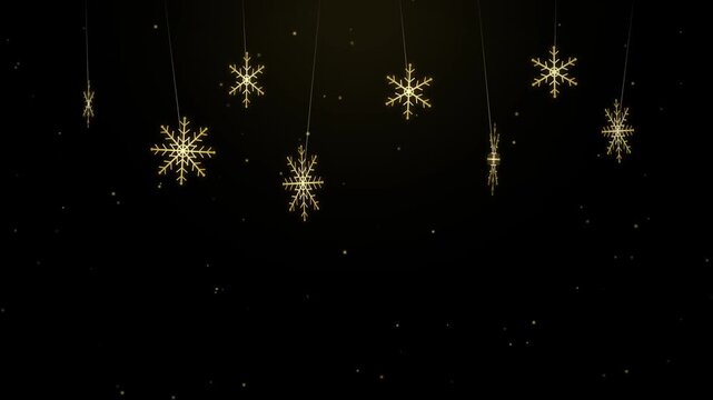 Golden hanging snowflakes on black background, elegant Christmas holiday loop animation