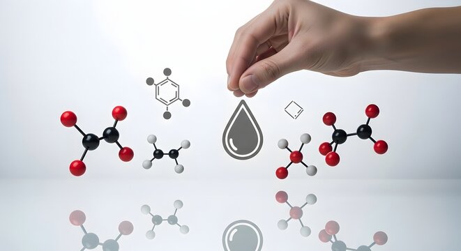 Hand reaching for a water droplet icon surrounded by molecular models on a white reflective background, science and chemistry concept
