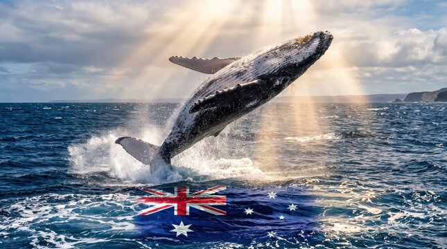 A majestic whale breaches from the deep blue ocean its powerful tail propelling