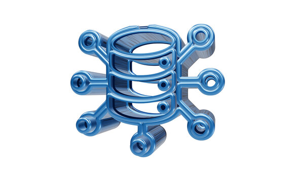 Glossy blue 3D icon of central database server with interconnected nodes representing cloud storage network