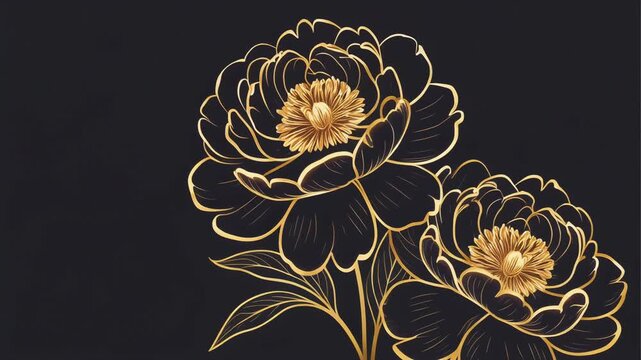 暗闇に浮かぶ金色の線画で描かれた牡丹