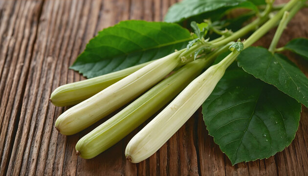 Healthy drumstick pods vegetable and leaves. Moringa Oleifera with leaves on wooden background.