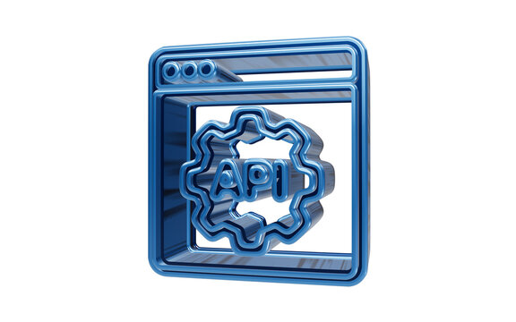 Glossy blue 3D icon representing application programming interface integration and software settings gear