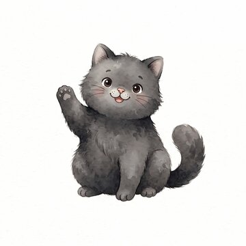 Adorable fluffy black cat sitting upright and waving its paw friendly cartoon kitten watercolor illustration isolated on white background