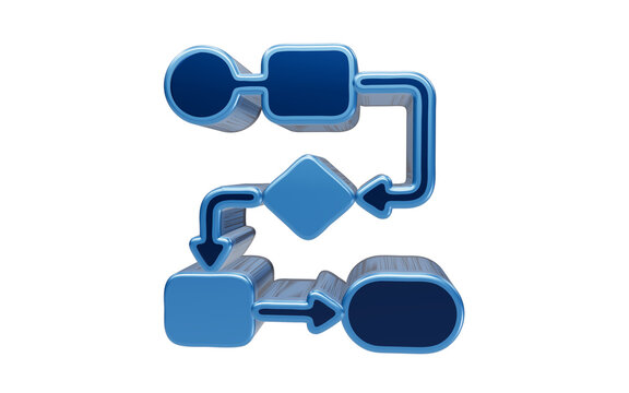 Blue 3D icon of a flowchart diagram with connected decision nodes and process steps isolated on transparent background