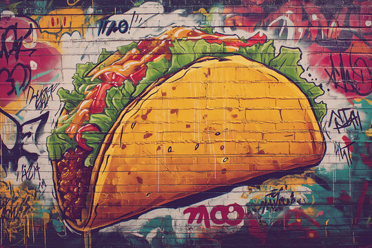 Large Yellow Taco Graffiti Art On Textured Brick Wall With Colorful Abstract Doodles