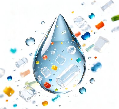 Water drop containing microplastic particles, concept of environmental pollution and ecological hazard, 3d render