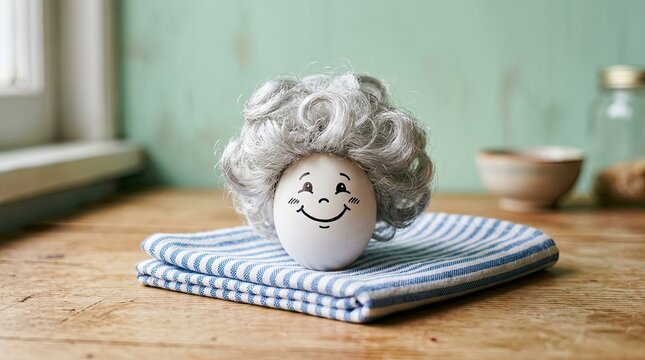 A smiling egg with a wig resting on a striped towel on a wooden surface