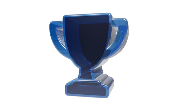 Glossy blue glass 3D trophy icon representing success achievement victory and championship isolated on transparent background