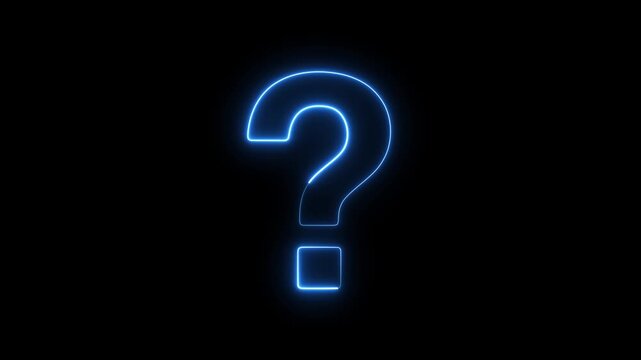 Glowing blue neon question mark symbol pulsing on black background, for faq and, help concepts