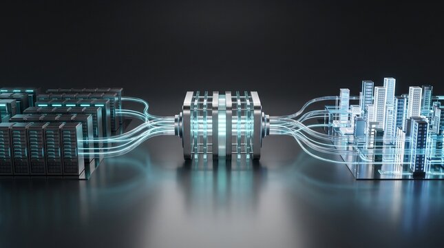 Data center servers connected to a glowing futuristic smart city model via high speed optical fiber lines.