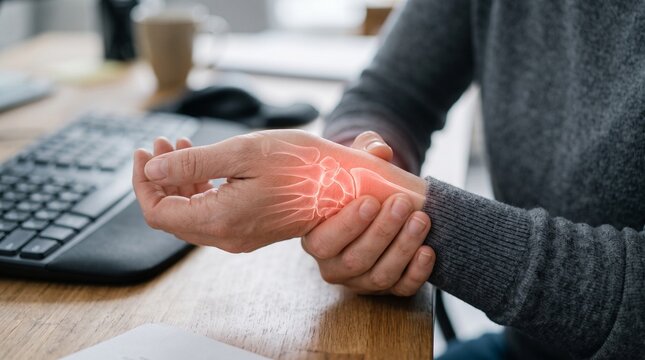 Person with carpal tunnel syndrome wrist pain at computer desk with red inflammation graphic.