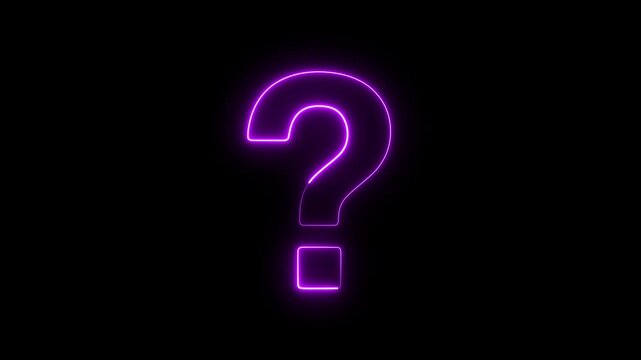 Glowing neon question mark sign pulsing with electric purple light on black background