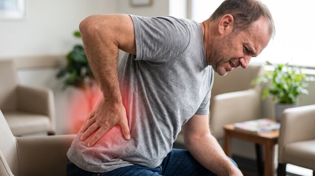 Middle aged man suffering from severe lower back pain in clinic waiting room.