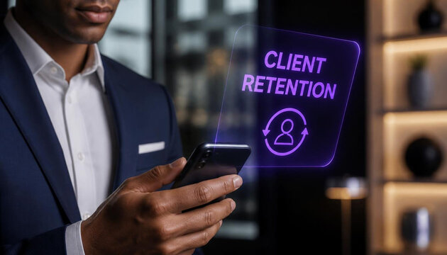 Professional businessman holding smartphone displays vibrant purple holographic client retention interface in bright modern office setting