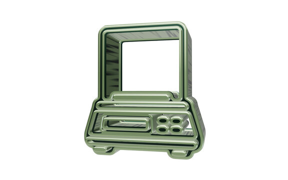 Glossy green vintage computer monitor icon isolated on transparent background for retro tech and IT