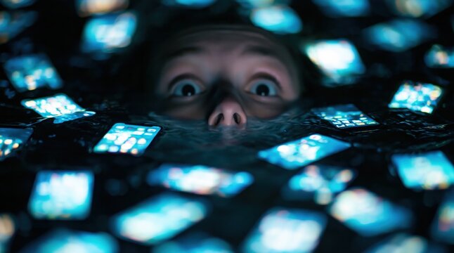 Addiction and drowning in a dark sea of glowing smartphone screens representing digital technology social overload