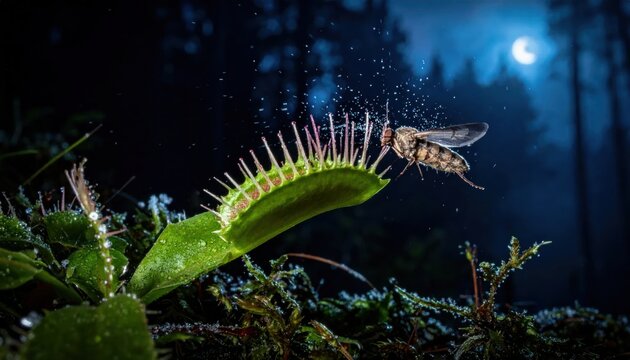Venus flytrap catching insect at night.