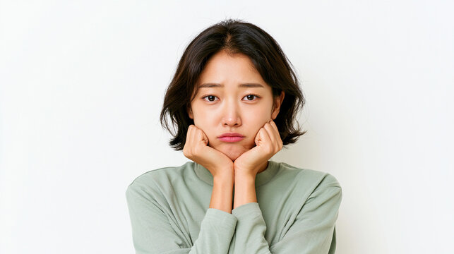 A young woman in a green sweater rests her chin on both hands and pouts with a sad expression against a white background.