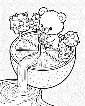 Kids Nutrition and Healthy Eating Worksheet Cute Bear Squeezing Citrus in Whimsical Coloring Page Isometric Healthy Food Coloring Activity  3D Food Learning Coloring Pages for Preschoolers   