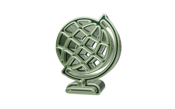 Green metallic 3D icon of world globe isolated on transparent background representing geography and international travel