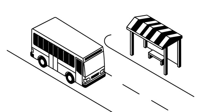 Corporate Isometric of a Bus Approaching an Empty Bus Stop with Shelter Roof with high quality professional line art symbols for modern creative design and digital branding projects