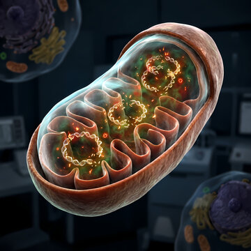 3D Medical Illustration of Mitochondrion Structure Showing Inner Membrane Cristae and mtDNA Loops