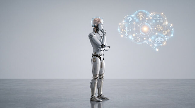 Humanoid robot in a thinking pose interacting with a glowing digital brain hologram representing artificial intelligence and advanced machine learning