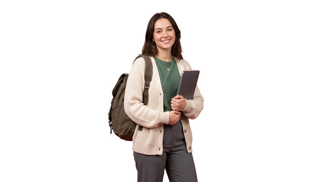 Smiling female student wearing casual clothes and carrying a heavy green backpack while holding her slim metallic laptop on transparent background